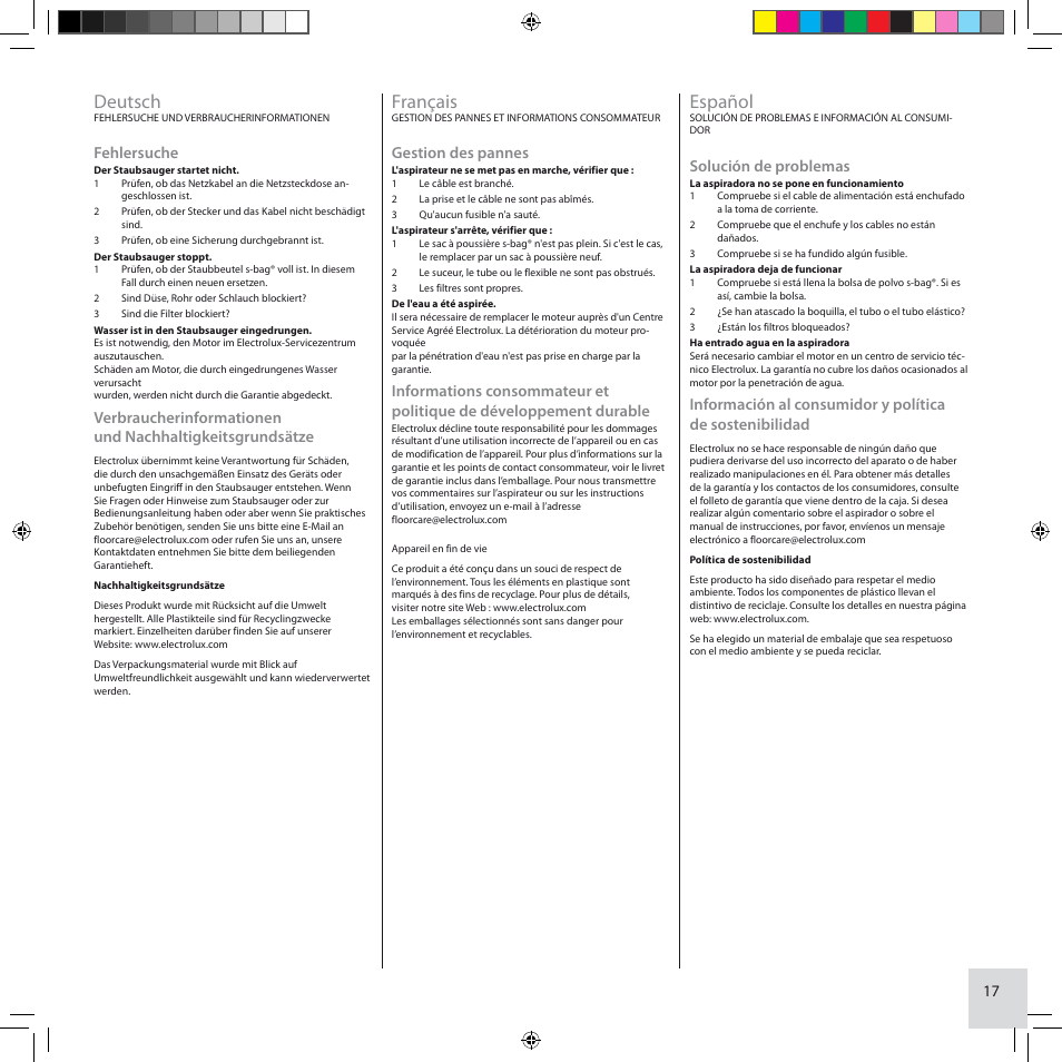 Deutsch, Français, Español | Fehlersuche, Gestion des pannes, Solución de problemas | Electrolux ZCS2100 User Manual | Page 17 / 96