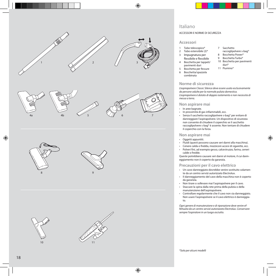 Italiano, Accessori, Norme di sicurezza | Non aspirare mai, Precauzioni per il cavo elettrico | Electrolux ZCS2100 User Manual | Page 18 / 96