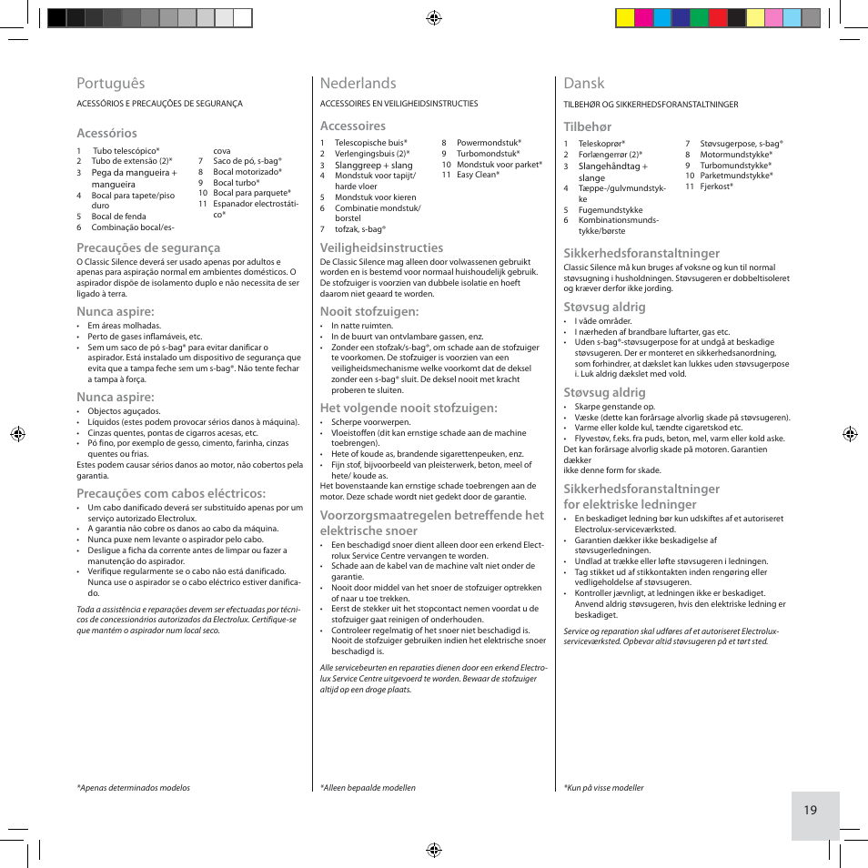 Português, Nederlands, Dansk | Acessórios, Precauções de segurança, Nunca aspire, Precauções com cabos eléctricos, Accessoires, Veiligheidsinstructies, Nooit stofzuigen | Electrolux ZCS2100 User Manual | Page 19 / 96