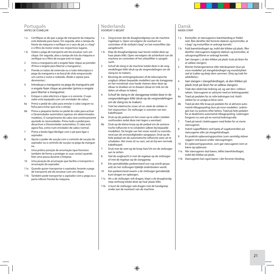 Português, Nederlands, Dansk | Electrolux ZCS2100 User Manual | Page 21 / 96