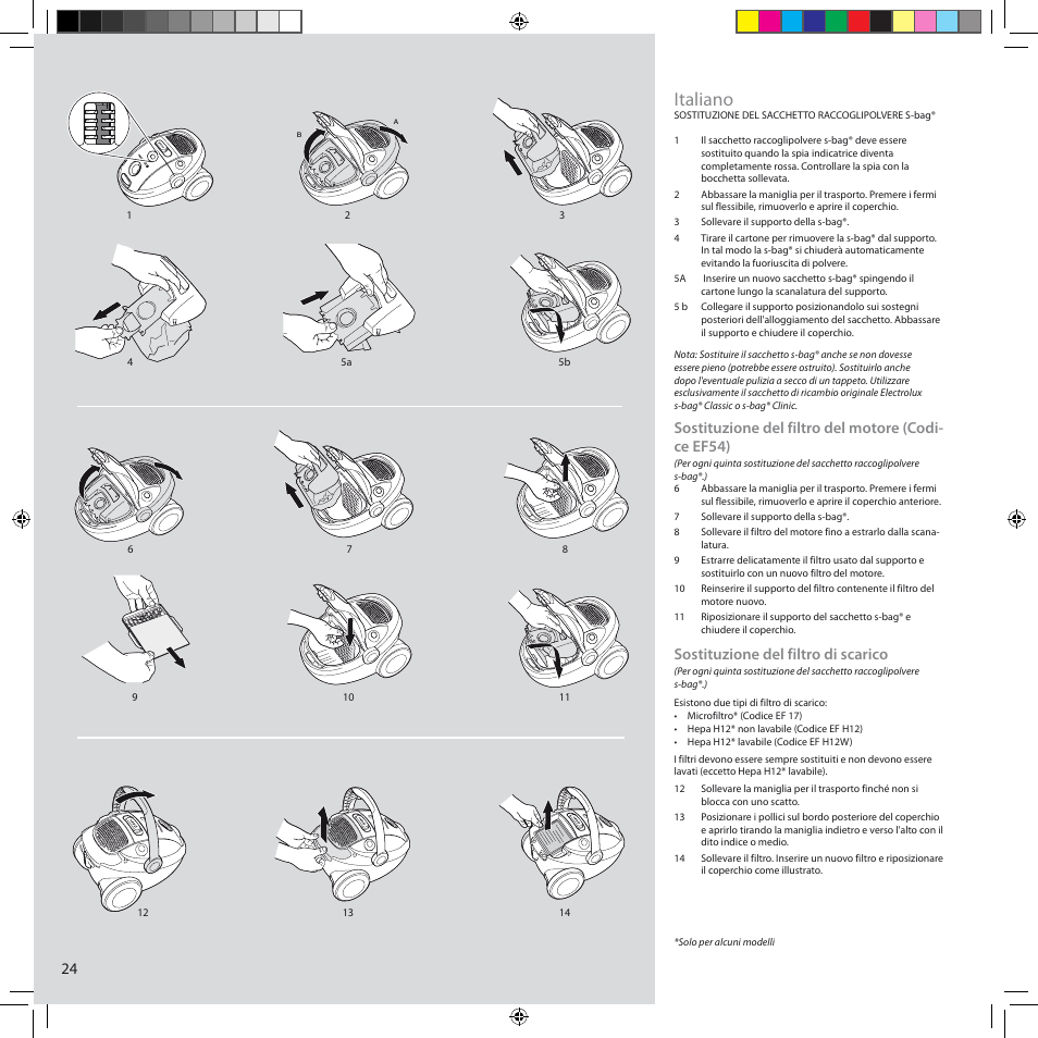 Italiano, Sostituzione del filtro del motore (codi- ce ef54), Sostituzione del filtro di scarico | Electrolux ZCS2100 User Manual | Page 24 / 96