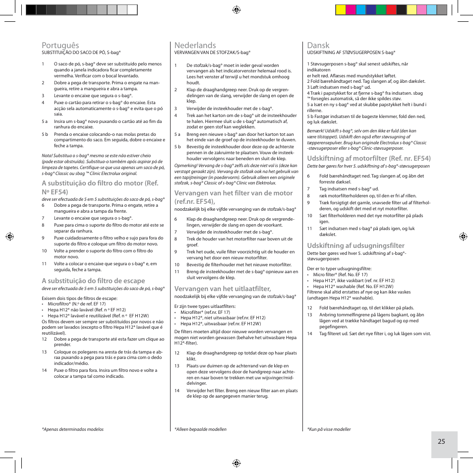 Português, Nederlands, Dansk | A substituição do filtro do motor (ref. nº ef54), A substituição do filtro de escape, Vervangen van het uitlaatfilter, Udskiftning af motorfilter (ref. nr. ef54), Udskiftning af udsugningsfilter | Electrolux ZCS2100 User Manual | Page 25 / 96