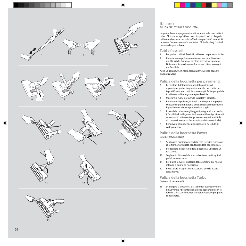 Italiano, Tubi e flessibili, Pulizia della bocchetta per pavimenti | Pulizia della bocchetta power, Pulizia della bocchetta turbo | Electrolux ZCS2100 User Manual | Page 26 / 96