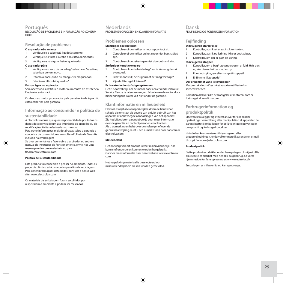 Português, Nederlands, Dansk | Resolução de problemas, Problemen oplossen, Klantinformatie en milieubeleid, Fejlfinding, Forbrugerinformation og produktpolitik | Electrolux ZCS2100 User Manual | Page 29 / 96