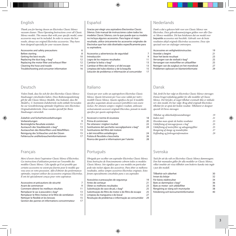 English, Deutsch, Français | Español, Italiano, Português, Nederlands, Dansk, Svenska | Electrolux ZCS2100 User Manual | Page 3 / 96