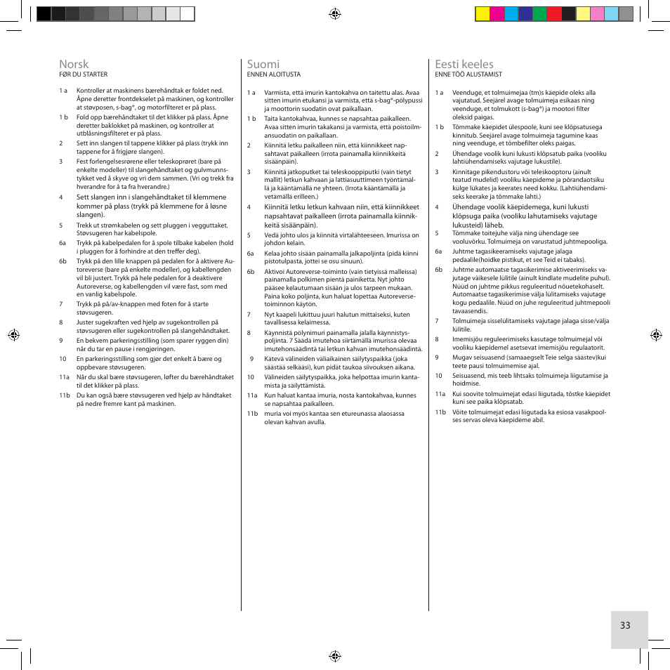 Norsk, Suomi, Eesti keeles | Electrolux ZCS2100 User Manual | Page 33 / 96