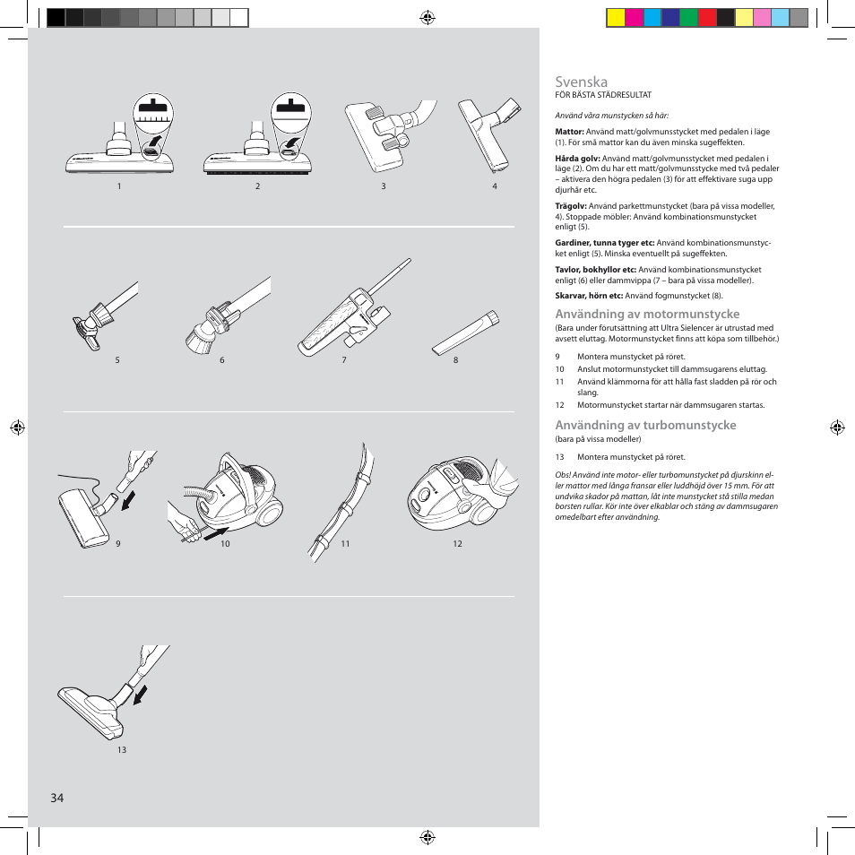 Svenska, Användning av motormunstycke, Användning av turbomunstycke | Electrolux ZCS2100 User Manual | Page 34 / 96