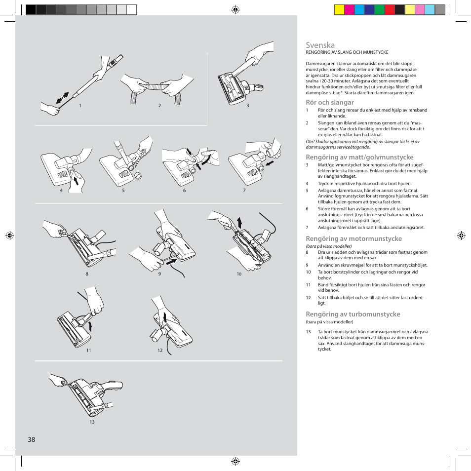 Svenska, Rör och slangar, Rengöring av matt/golvmunstycke | Rengöring av motormunstycke, Rengöring av turbomunstycke | Electrolux ZCS2100 User Manual | Page 38 / 96