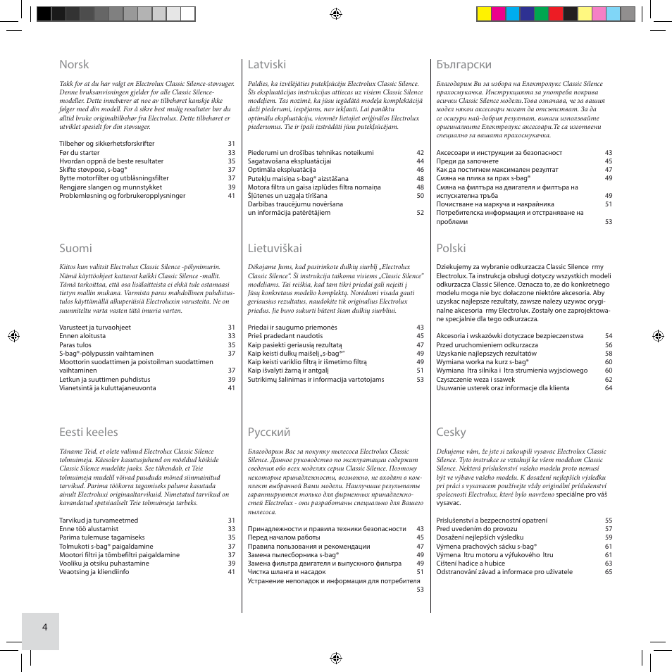 Norsk, Suomi, Eesti keeles | Latviski, Lietuviškai, Pусский, Български, Polski, Cesky | Electrolux ZCS2100 User Manual | Page 4 / 96