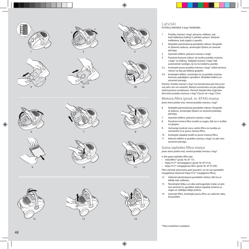 Latviski, Motora filtra (prod. nr. ef54) maiņa, Gaisa izplūdes filtra maiņa | Electrolux ZCS2100 User Manual | Page 48 / 96