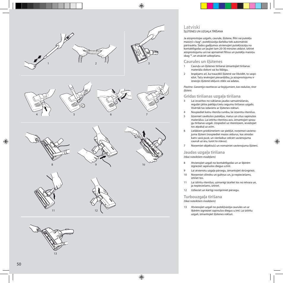 Latviski, Caurules un šļūtenes, Grīdas tīrīšanas uzgaļa tīrīšana | Jaudas uzgaļa tīrīšana, Turbouzgaļa tīrīšana | Electrolux ZCS2100 User Manual | Page 50 / 96