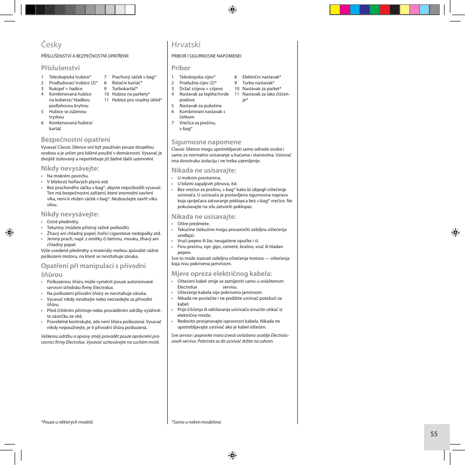 Česky, Hrvatski, Příslušenství | Bezpečnostní opatření, Nikdy nevysávejte, Opatření při manipulaci s přívodní šňůrou, Pribor, Sigurnosne napomene, Nikada ne usisavajte, Mjere opreza električnog kabela | Electrolux ZCS2100 User Manual | Page 55 / 96