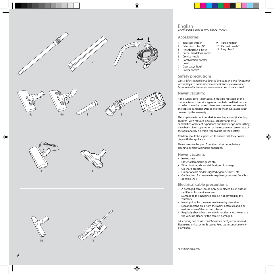 English, Accessories, Safety precautions | Never vacuum, Electrical cable precautions | Electrolux ZCS2100 User Manual | Page 6 / 96