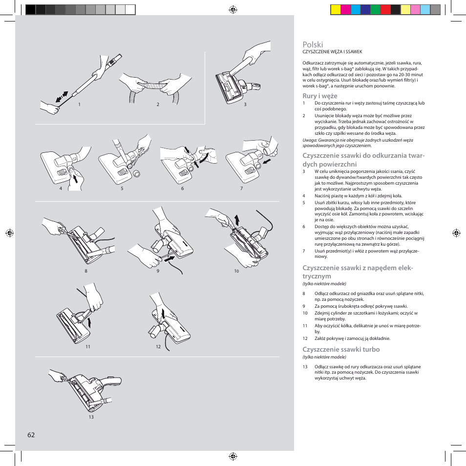 Polski, Rury i węże, Czyszczenie ssawki z napędem elek- trycznym | Czyszczenie ssawki turbo | Electrolux ZCS2100 User Manual | Page 62 / 96