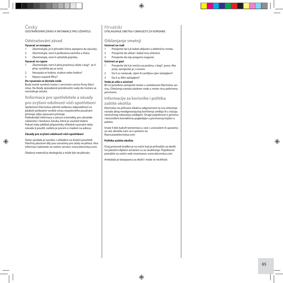Česky, Hrvatski, Odstraňování závad | Otklanjanje smetnji | Electrolux ZCS2100 User Manual | Page 65 / 96