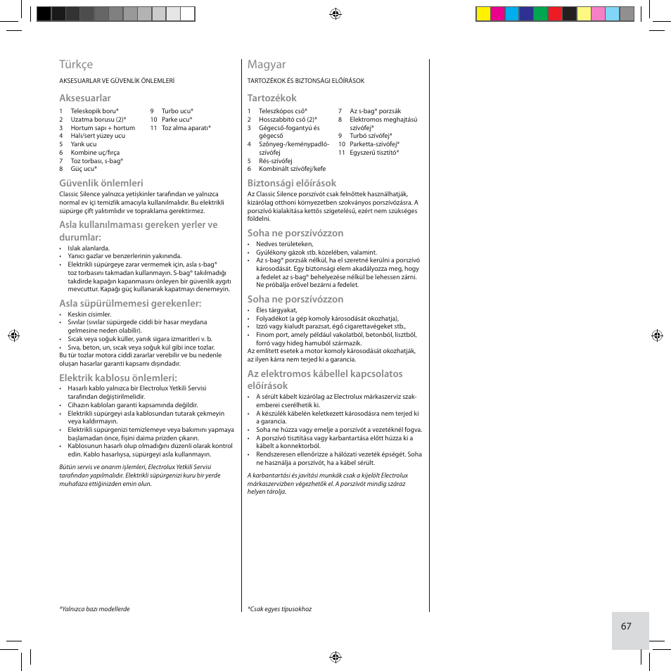 Türkçe, Magyar, Aksesuarlar | Güvenlik önlemleri, Asla kullanılmaması gereken yerler ve durumlar, Asla süpürülmemesi gerekenler, Elektrik kablosu önlemleri, Tartozékok, Biztonsági előírások, Soha ne porszívózzon | Electrolux ZCS2100 User Manual | Page 67 / 96