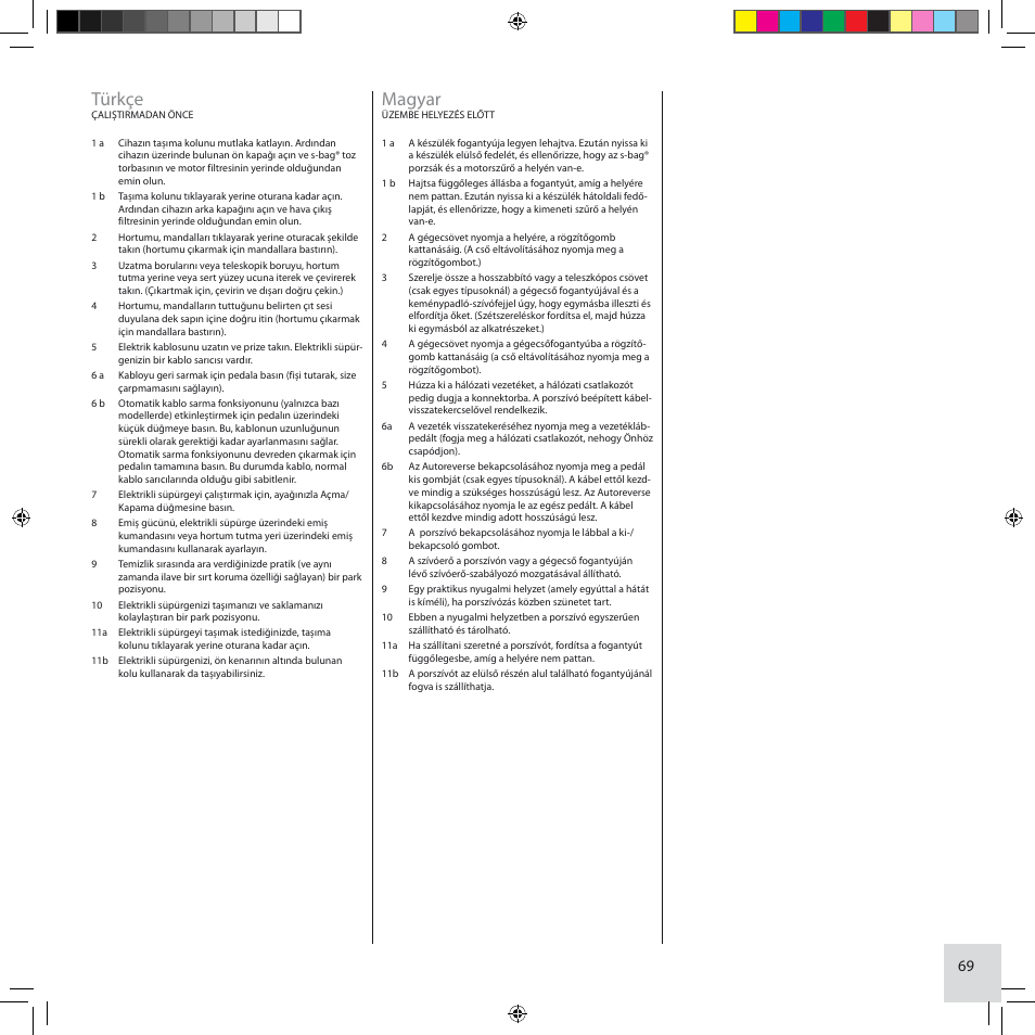 Türkçe, Magyar | Electrolux ZCS2100 User Manual | Page 69 / 96