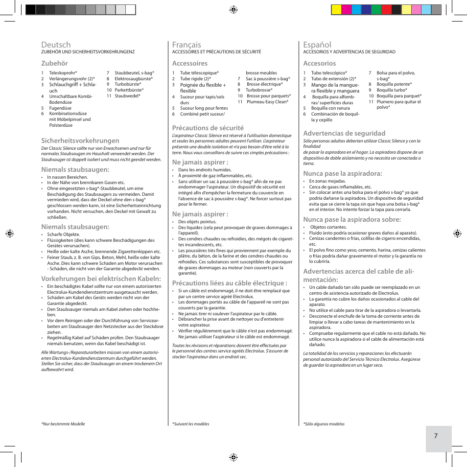 Deutsch, Français, Español | Zubehör, Sicherheitsvorkehrungen, Niemals staubsaugen, Vorkehrungen bei elektrischen kabeln, Accessoires, Précautions de sécurité, Ne jamais aspirer | Electrolux ZCS2100 User Manual | Page 7 / 96