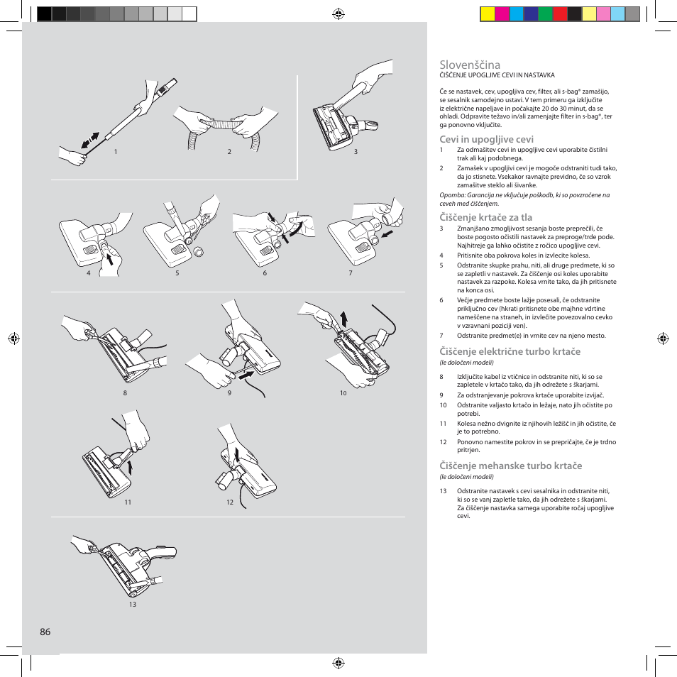 Slovenščina, Cevi in upogljive cevi, Čiščenje krtače za tla | Čiščenje električne turbo krtače, Čiščenje mehanske turbo krtače | Electrolux ZCS2100 User Manual | Page 86 / 96