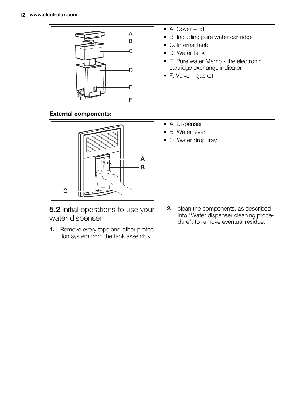 2 initial operations to use your water dispenser | Electrolux EN3850DOX User Manual | Page 12 / 88