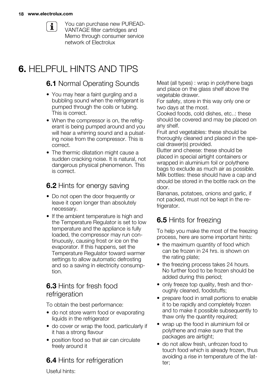 Helpful hints and tips, 1 normal operating sounds, 2 hints for energy saving | 3 hints for fresh food refrigeration, 4 hints for refrigeration, 5 hints for freezing | Electrolux EN3850DOX User Manual | Page 18 / 88