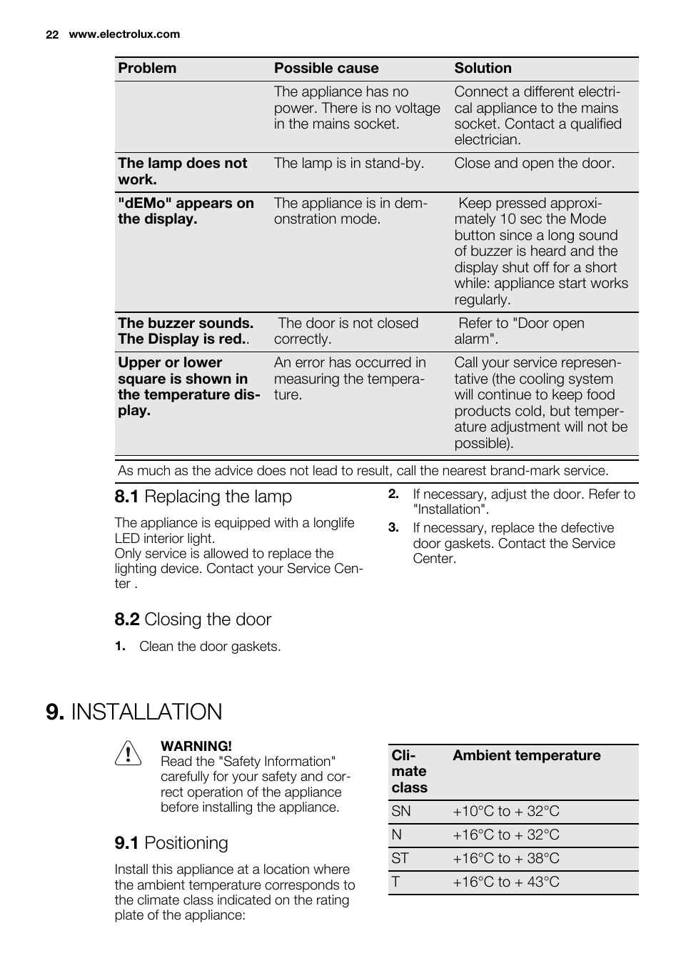 Installation, 1 replacing the lamp, 2 closing the door | 1 positioning | Electrolux EN3850DOX User Manual | Page 22 / 88