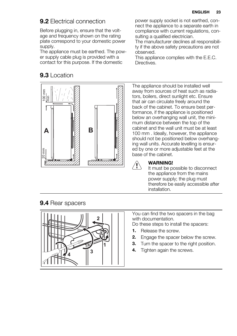 2 electrical connection, 3 location, 4 rear spacers | Electrolux EN3850DOX User Manual | Page 23 / 88