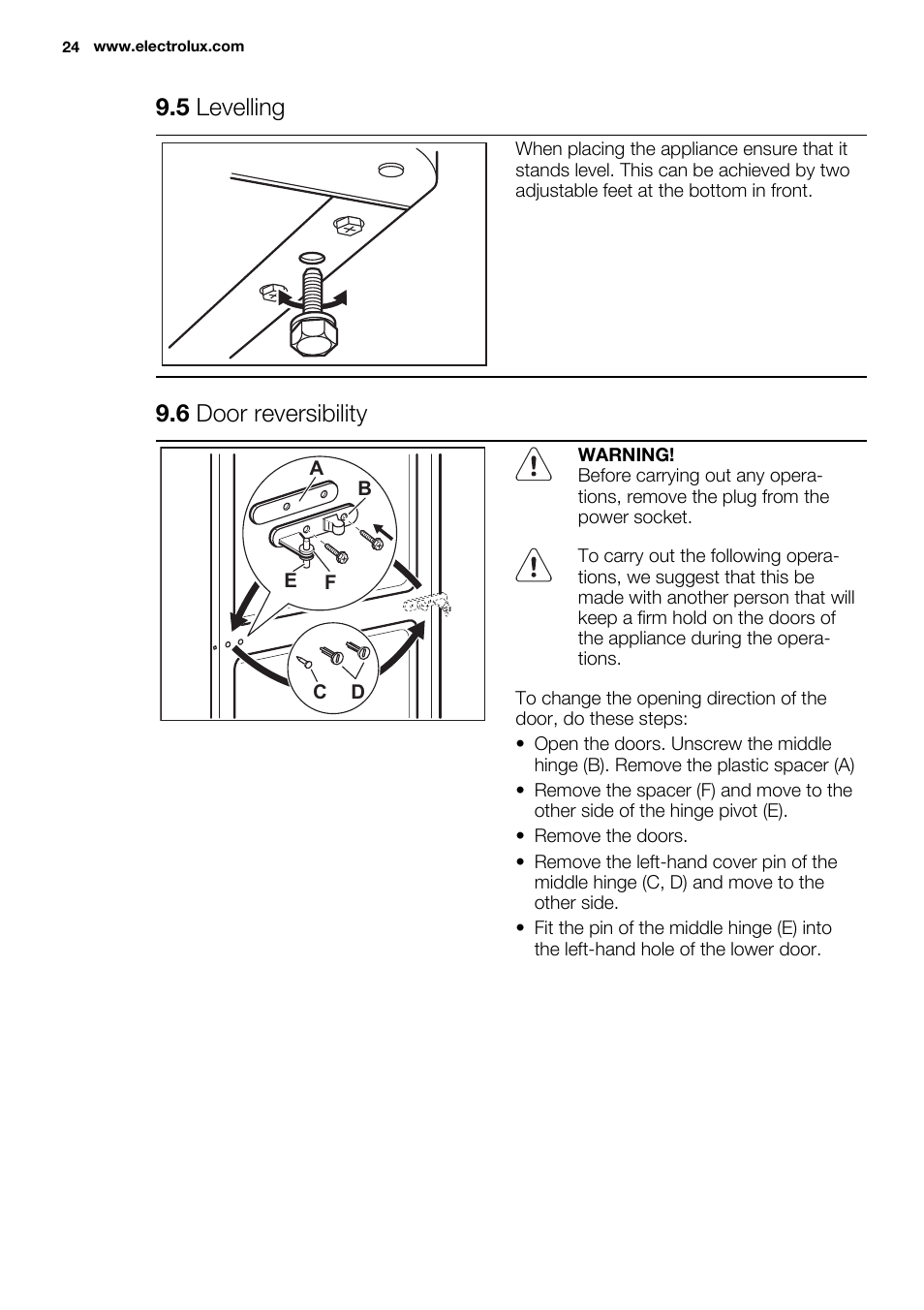 5 levelling, 6 door reversibility | Electrolux EN3850DOX User Manual | Page 24 / 88