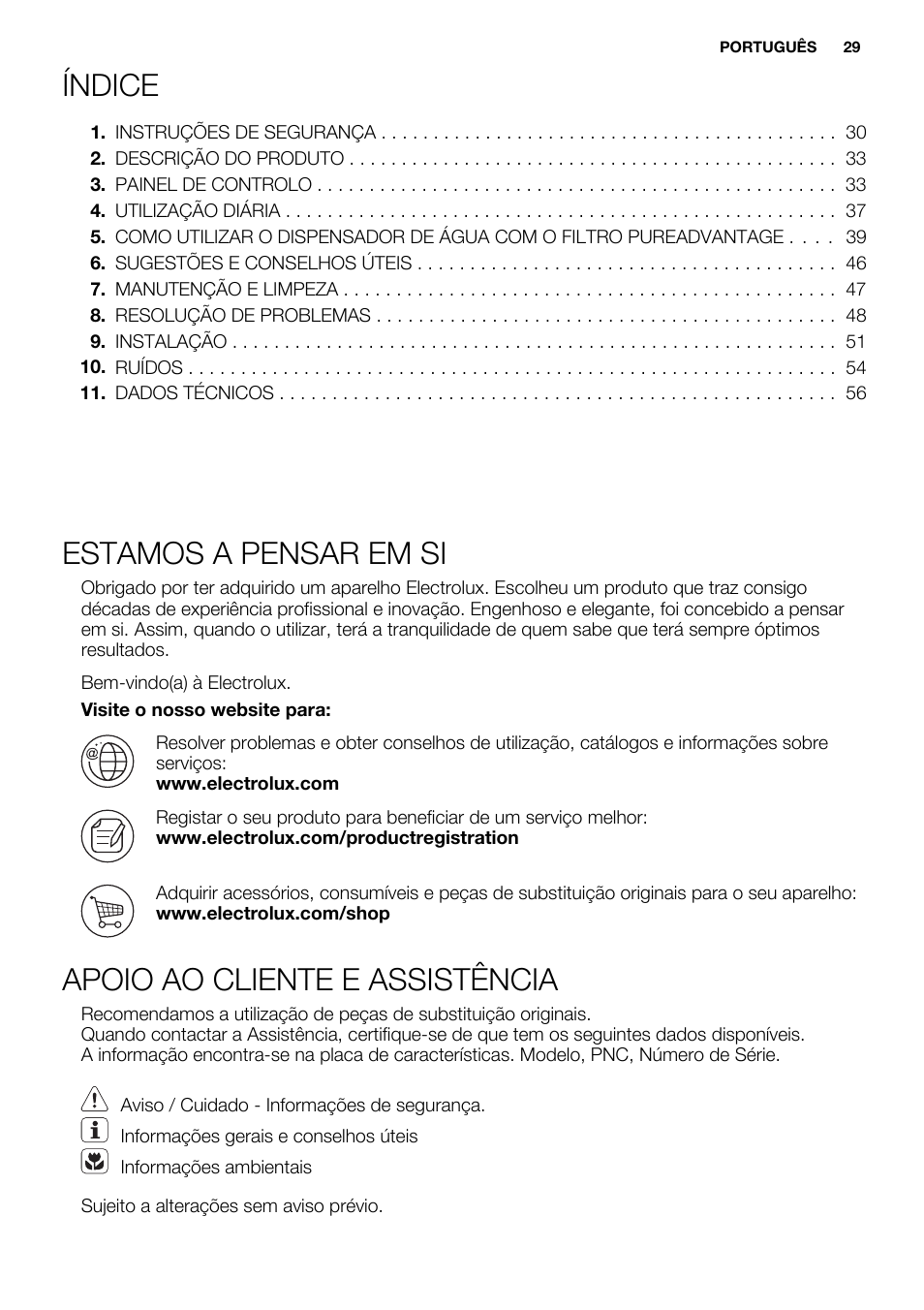 Índice, Estamos a pensar em si, Apoio ao cliente e assistência | Electrolux EN3850DOX User Manual | Page 29 / 88