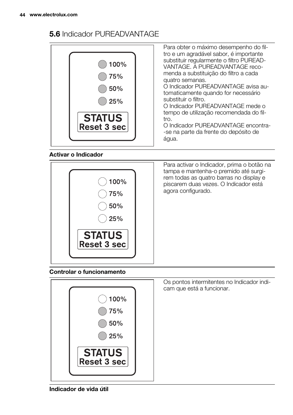 6 indicador pureadvantage | Electrolux EN3850DOX User Manual | Page 44 / 88