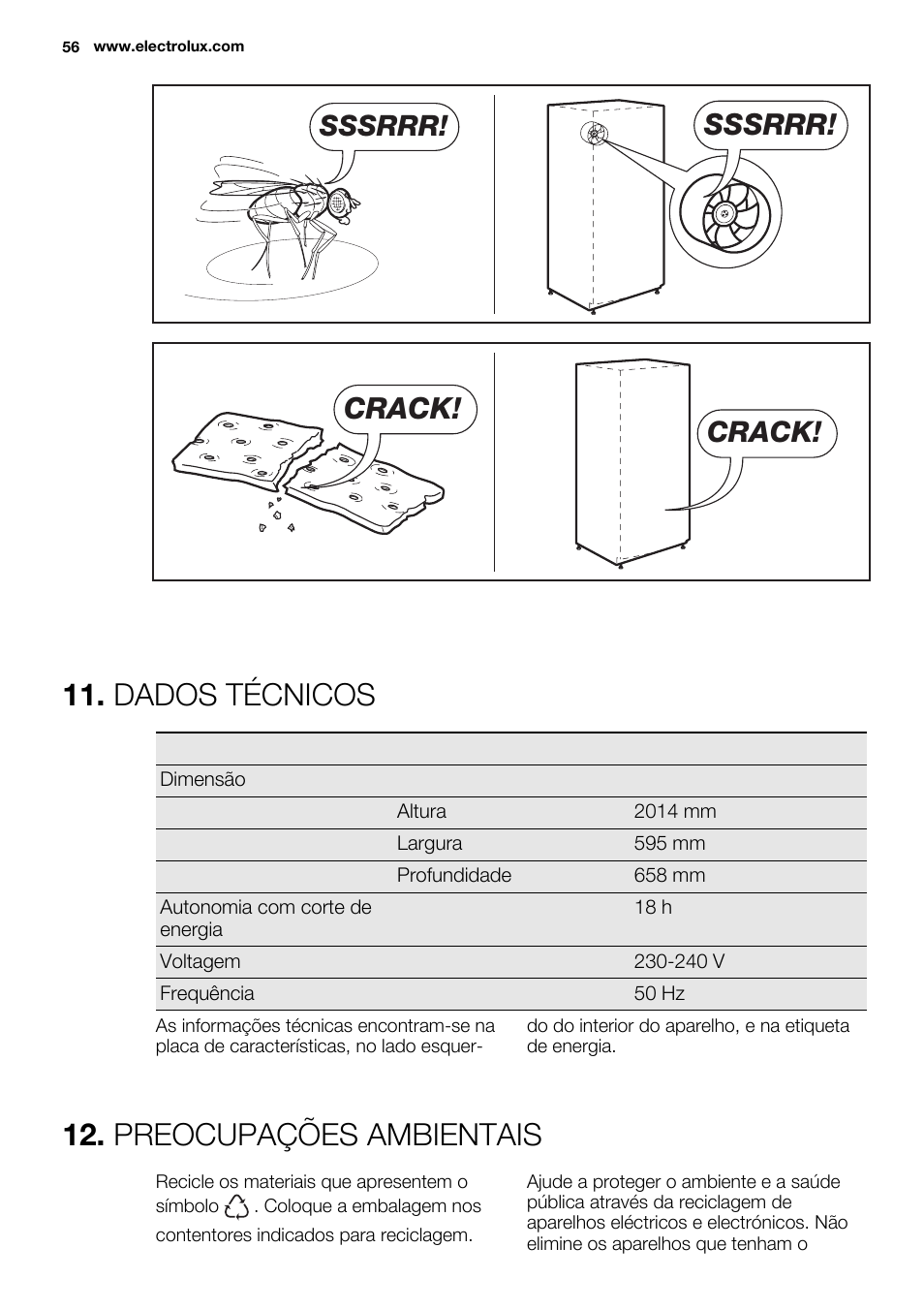 Dados técnicos, Preocupações ambientais, Sssrrr | Crack | Electrolux EN3850DOX User Manual | Page 56 / 88