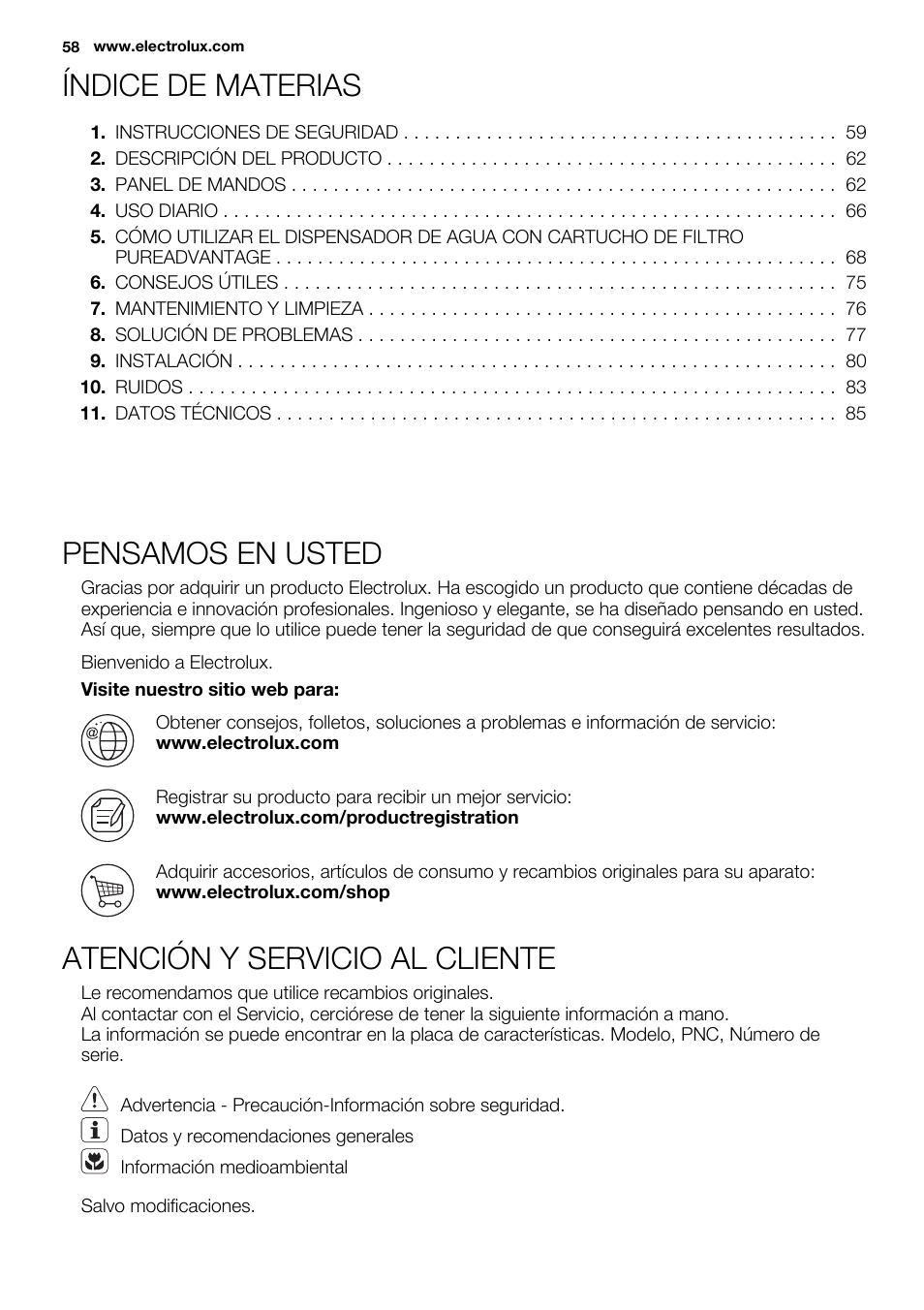 Índice de materias, Pensamos en usted, Atención y servicio al cliente | Electrolux EN3850DOX User Manual | Page 58 / 88