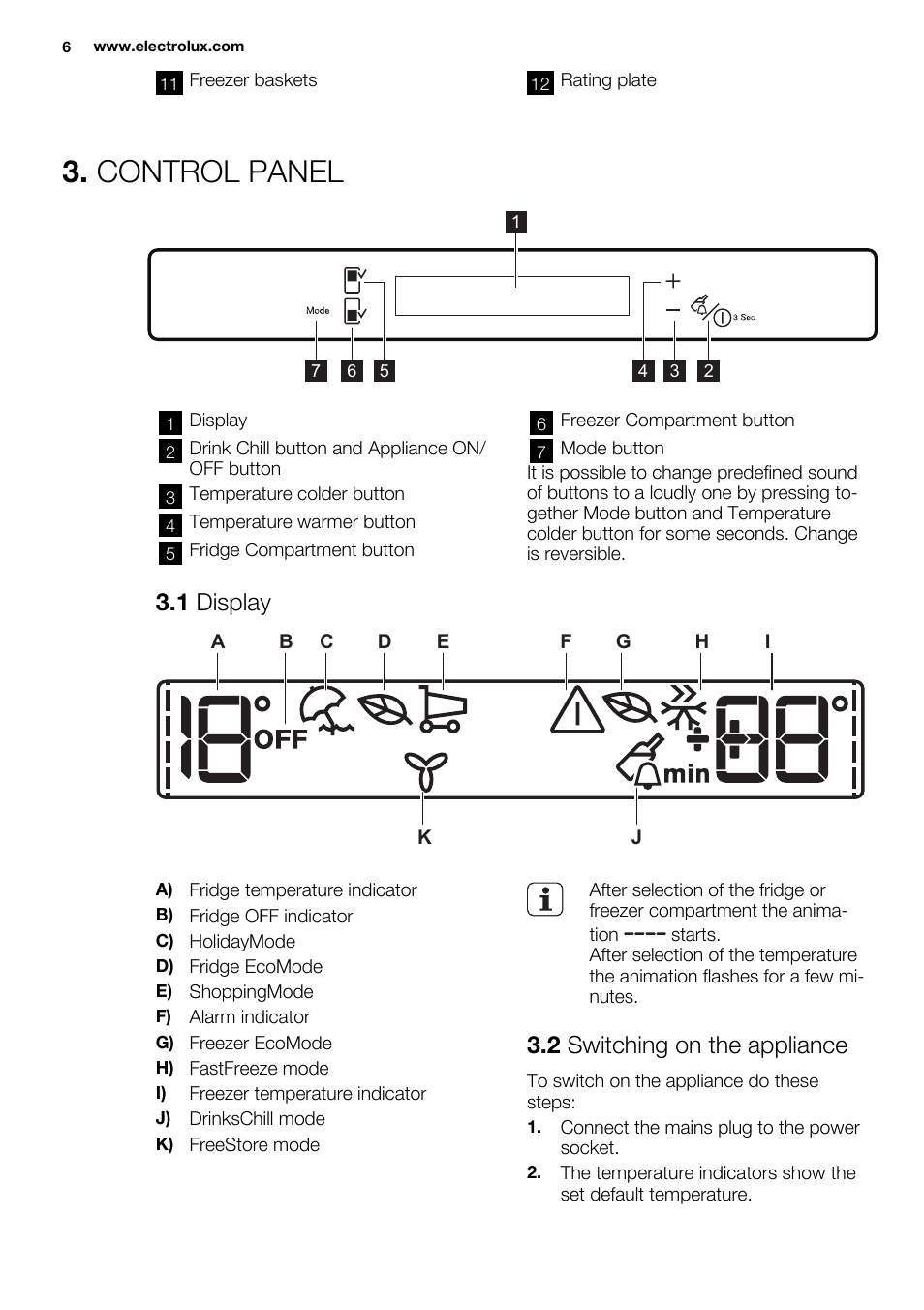 Control panel, 1 display, 2 switching on the appliance | Electrolux EN3850DOX User Manual | Page 6 / 88