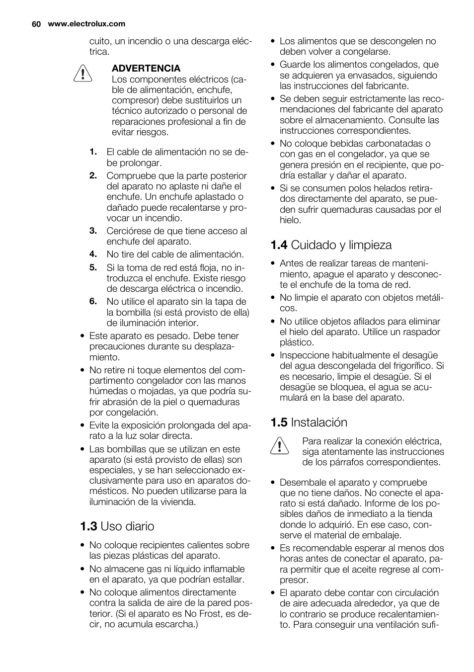 3 uso diario, 4 cuidado y limpieza, 5 instalación | Electrolux EN3850DOX User Manual | Page 60 / 88