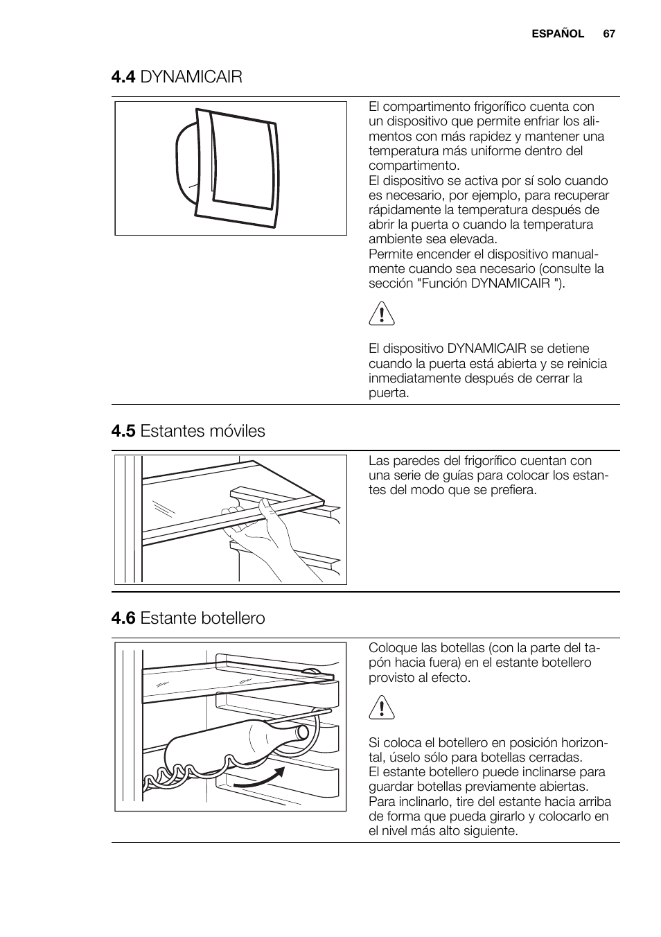 4 dynamicair, 5 estantes móviles, 6 estante botellero | Electrolux EN3850DOX User Manual | Page 67 / 88