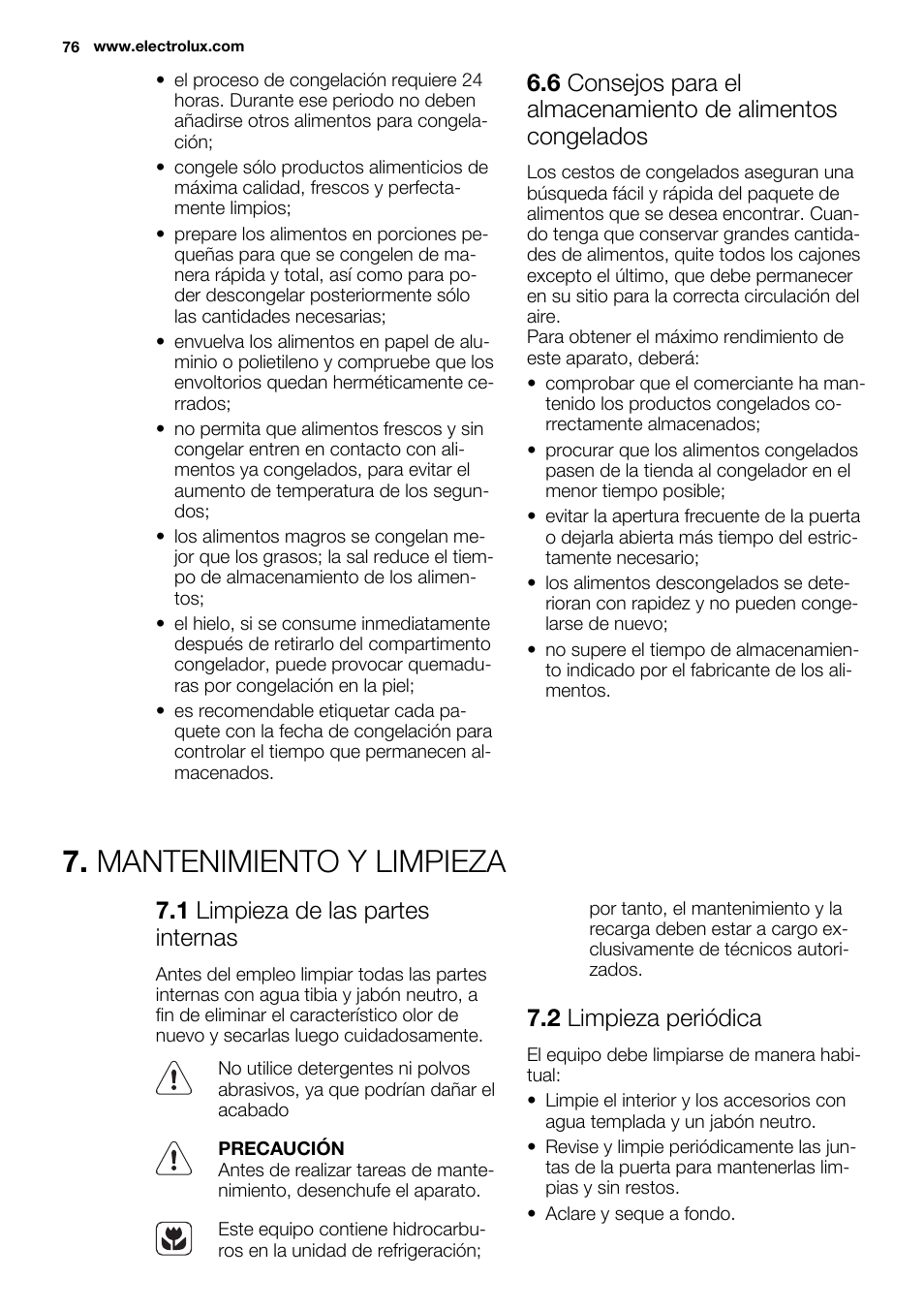 Mantenimiento y limpieza, 1 limpieza de las partes internas, 2 limpieza periódica | Electrolux EN3850DOX User Manual | Page 76 / 88