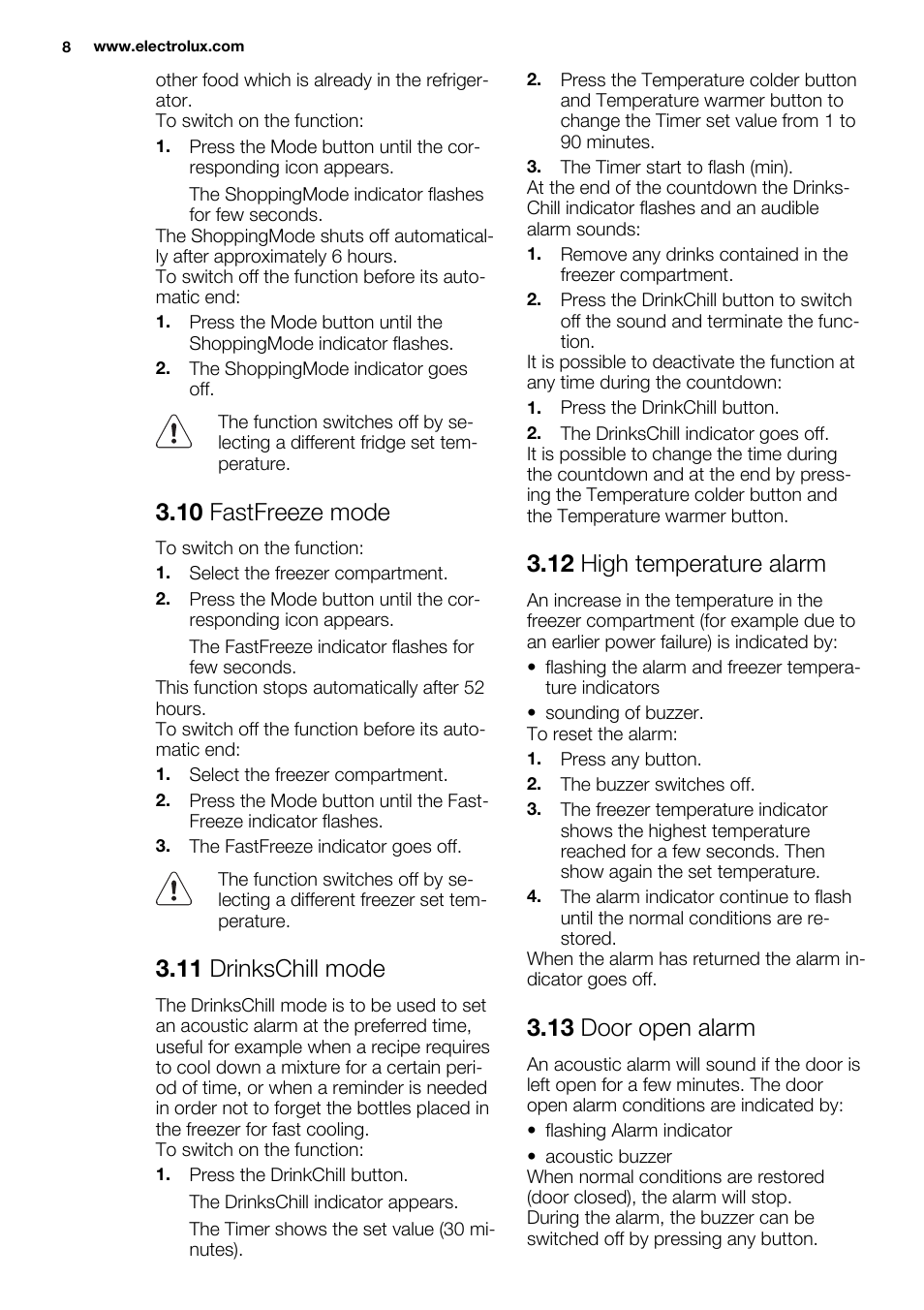 10 fastfreeze mode, 11 drinkschill mode, 12 high temperature alarm | 13 door open alarm | Electrolux EN3850DOX User Manual | Page 8 / 88