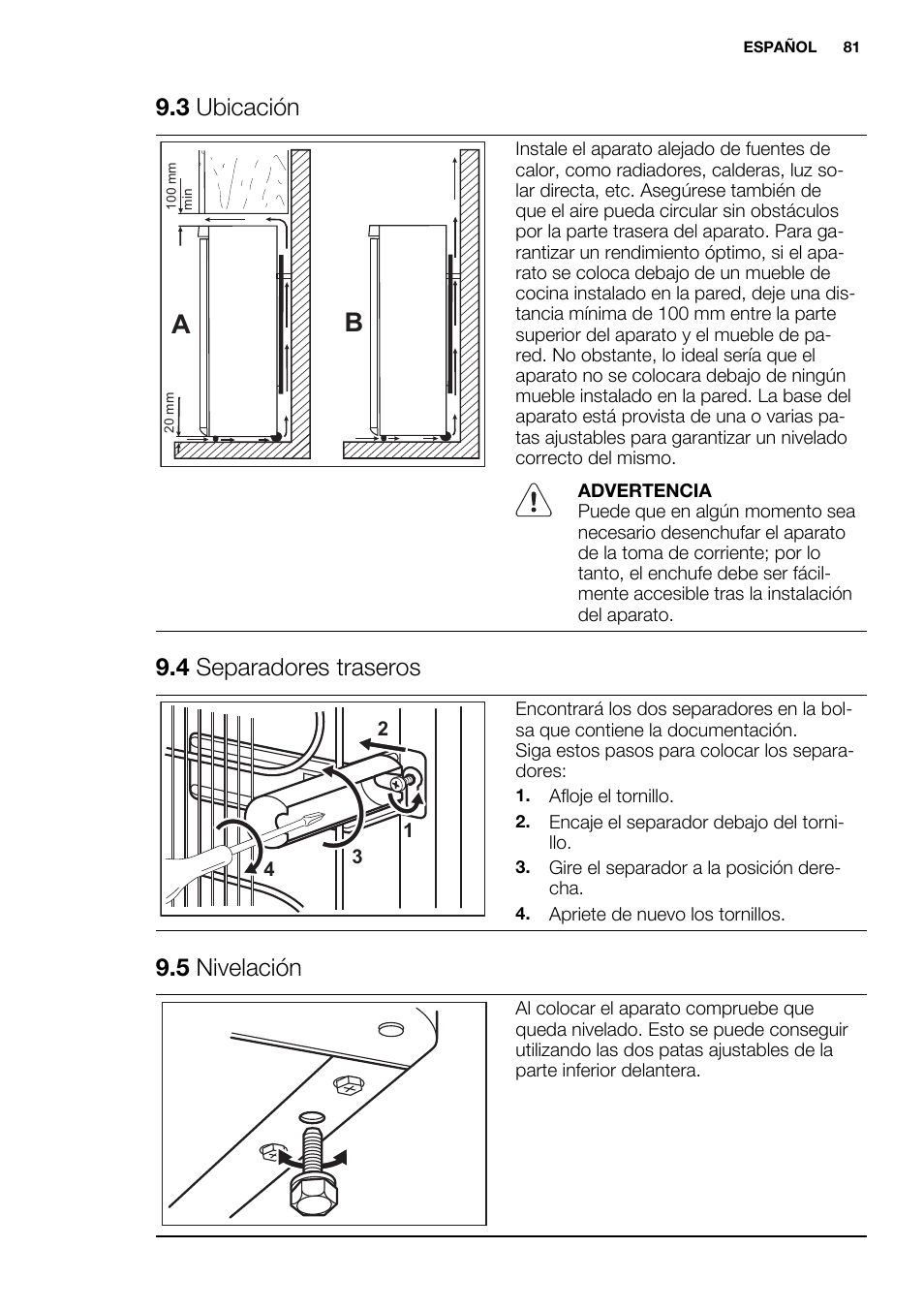 3 ubicación, 4 separadores traseros, 5 nivelación | Electrolux EN3850DOX User Manual | Page 81 / 88