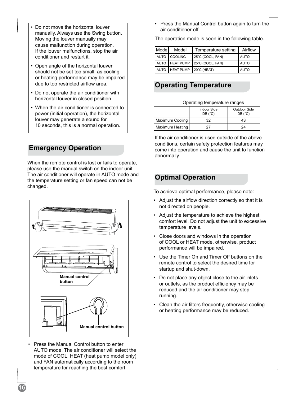 Emergency operation, Operating temperature optimal operation | Electrolux EXM18HV1WE User Manual | Page 16 / 82