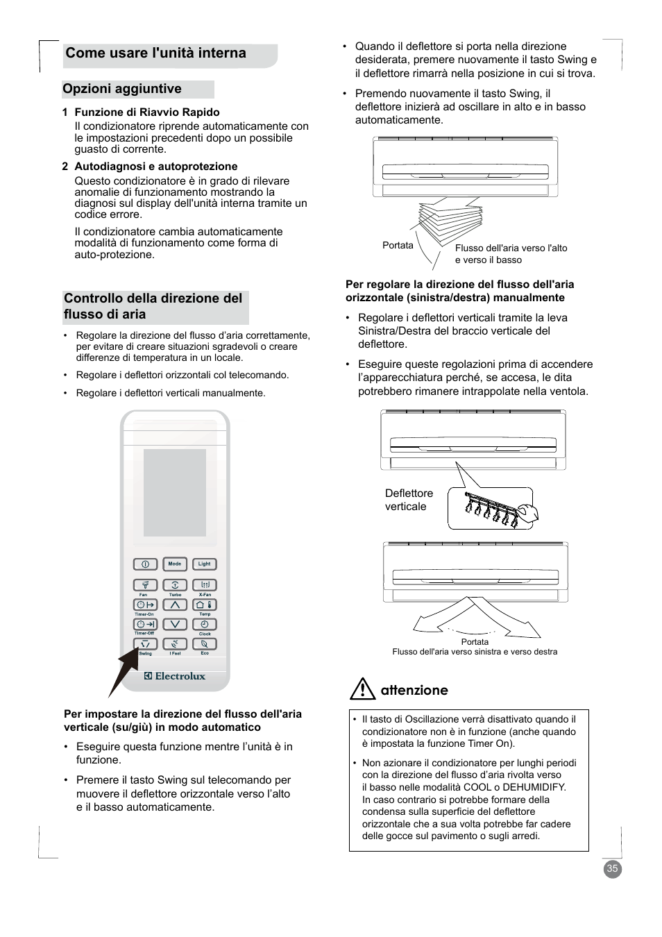 Come usare l'unità interna, Attenzione | Electrolux EXM18HV1WE User Manual | Page 35 / 82