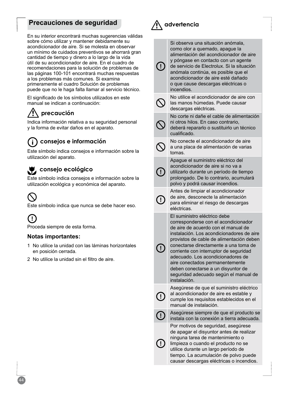 Precauciones de seguridad | Electrolux EXM18HV1WE User Manual | Page 44 / 82