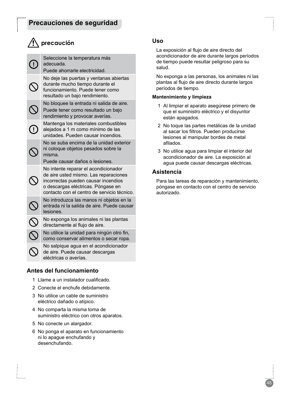 Precauciones de seguridad | Electrolux EXM18HV1WE User Manual | Page 45 / 82