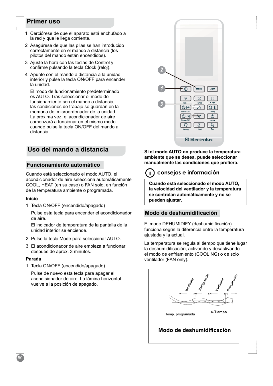 Primer uso, Uso del mando a distancia | Electrolux EXM18HV1WE User Manual | Page 50 / 82