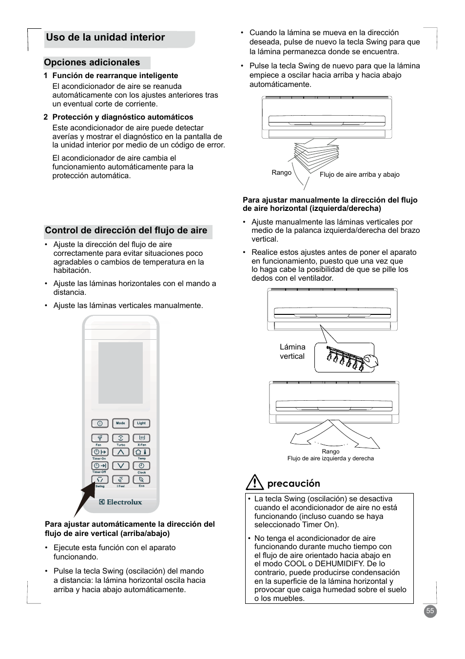 Uso de la unidad interior | Electrolux EXM18HV1WE User Manual | Page 55 / 82