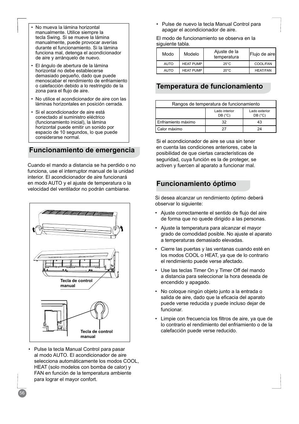 Funcionamiento de emergencia | Electrolux EXM18HV1WE User Manual | Page 56 / 82