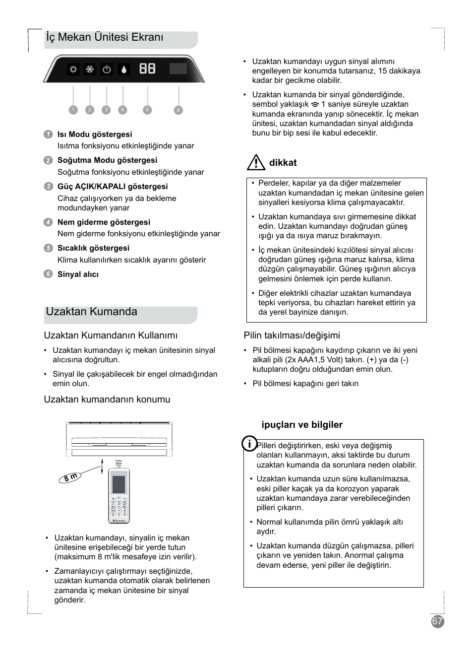 Uzaktan kumanda, Iç mekan ünitesi ekranı, Remote control | Indoor unit display | Electrolux EXM18HV1WE User Manual | Page 67 / 82