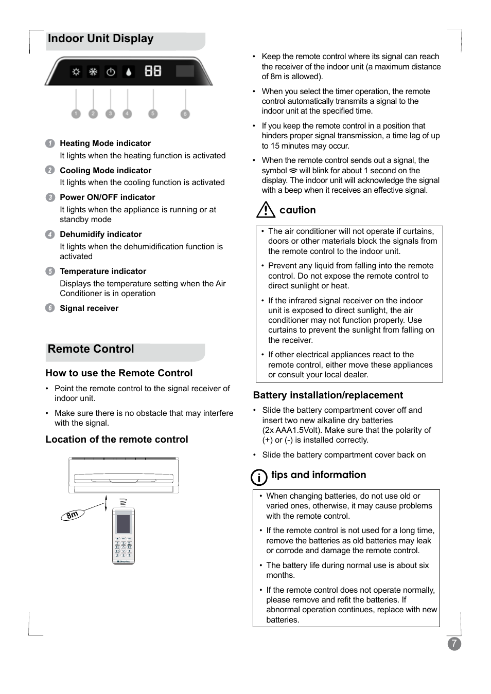 Remote control, Indoor unit display | Electrolux EXM18HV1WE User Manual | Page 7 / 82
