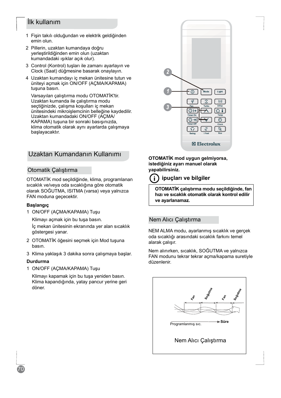 Ilk kullanım, Uzaktan kumandanın kullanımı, Otomatik çalıştırma | Nem alıcı çalıştırma, Ipuçları ve bilgiler nem alıcı çalıştırma | Electrolux EXM18HV1WE User Manual | Page 70 / 82