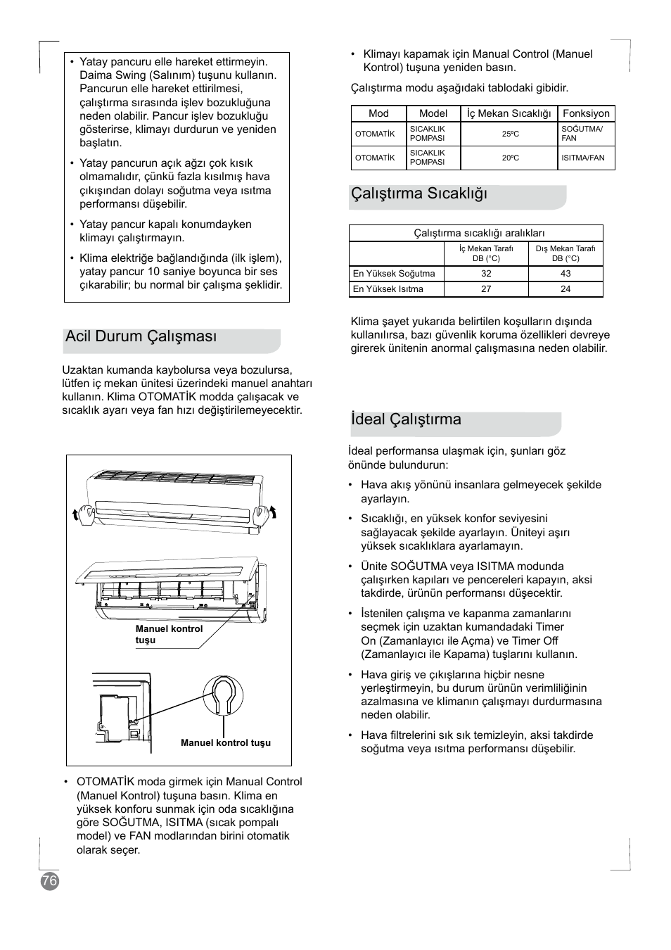 Acil durum çalışması, Çalıştırma sıcaklığı ideal çalıştırma | Electrolux EXM18HV1WE User Manual | Page 76 / 82