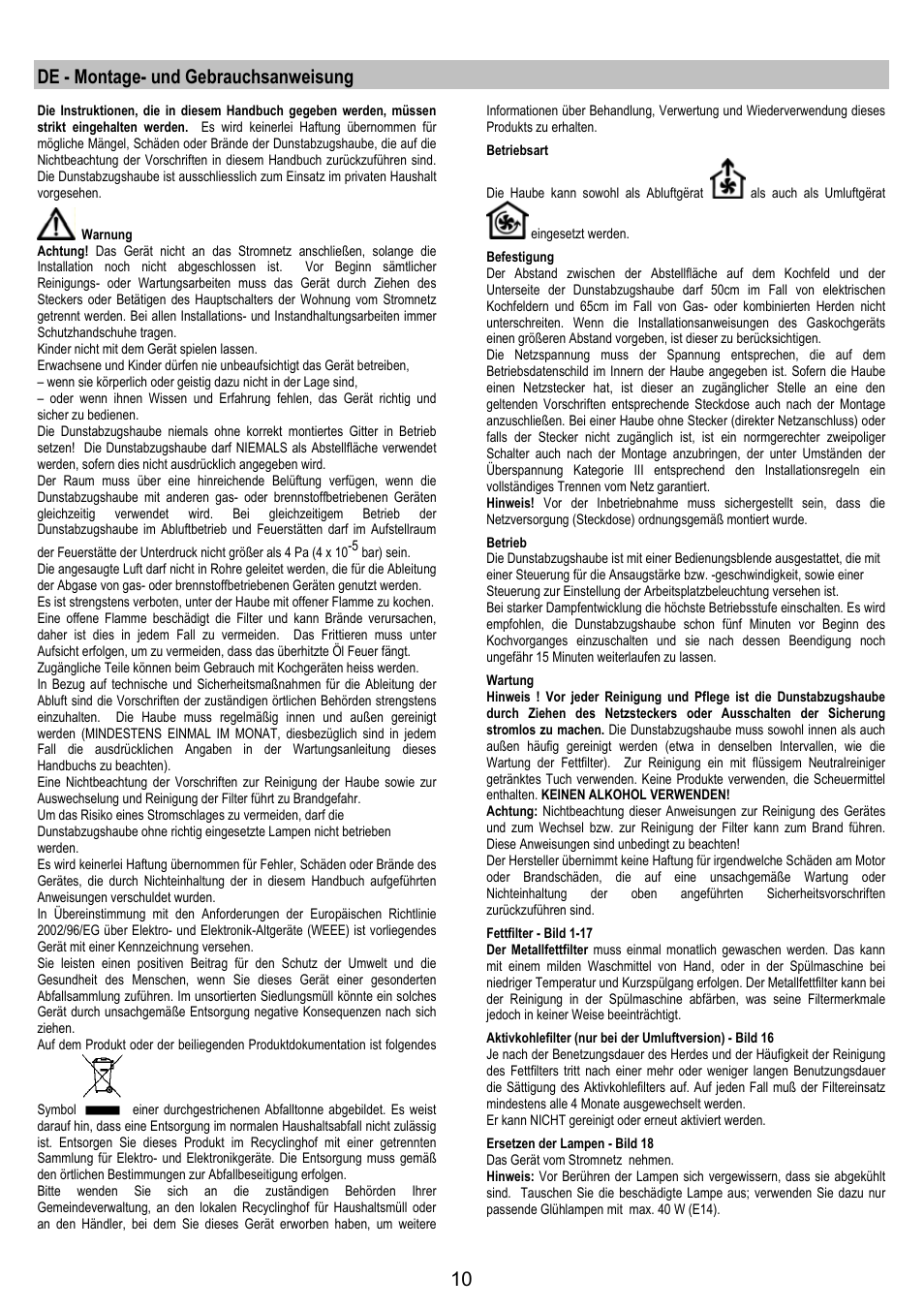 De - montage- und gebrauchsanweisung | Electrolux EFC90300X User Manual | Page 10 / 40